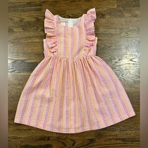 Bonnie Jean Girls Size 5T Seersucker Stripe Ruffle Apron Dress Pink Orange